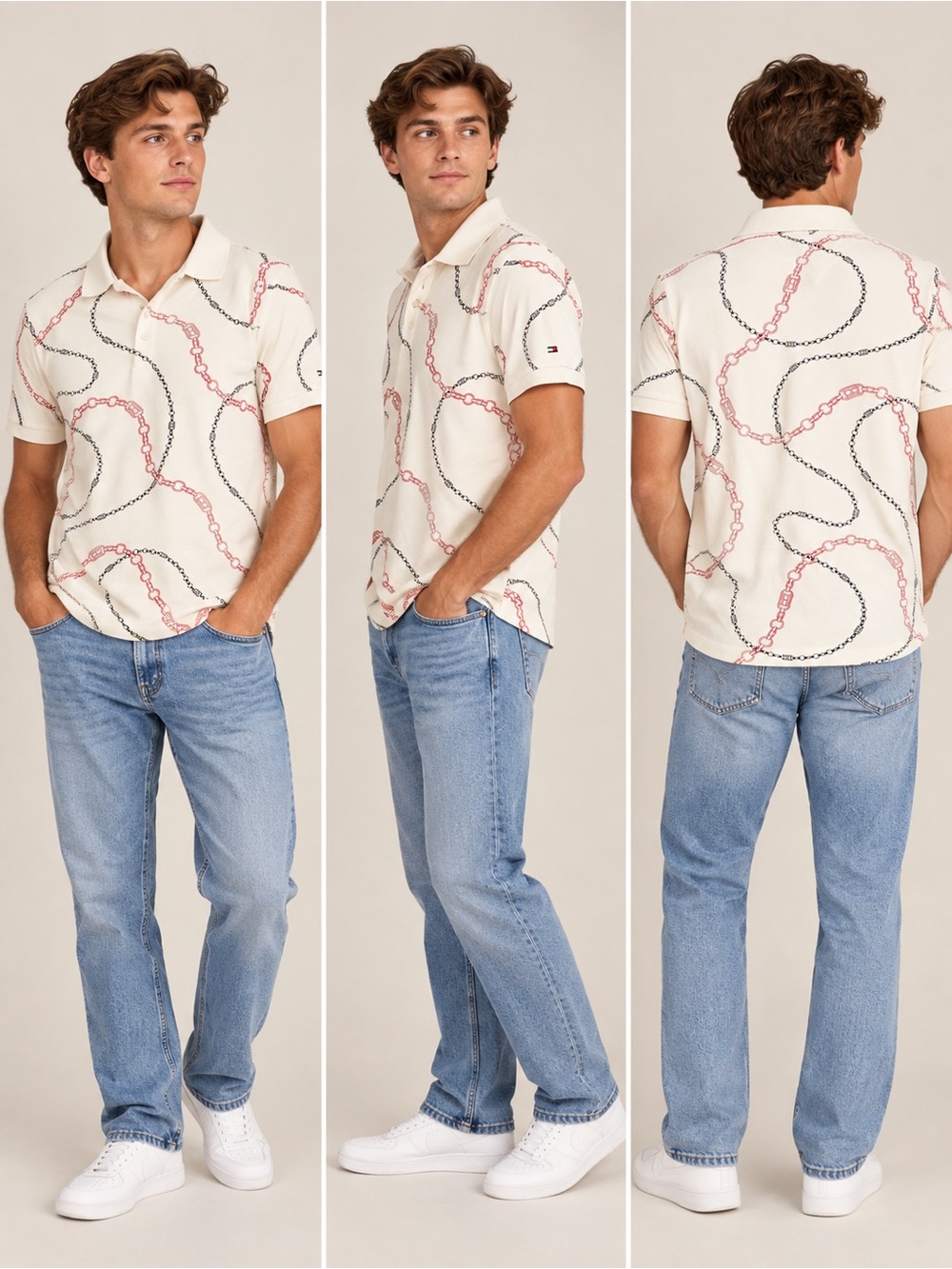 Tommy Hilfiger Cream Chain Print Stretch Polo Shirt Size L